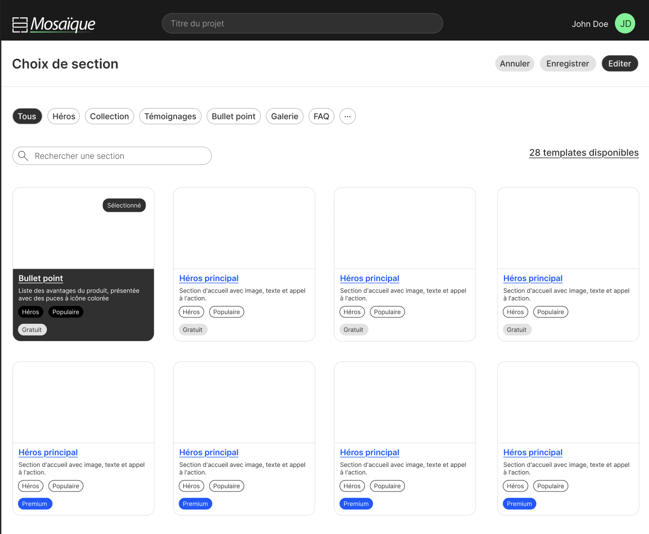 Capture d’écran de la page des templates Mosaique